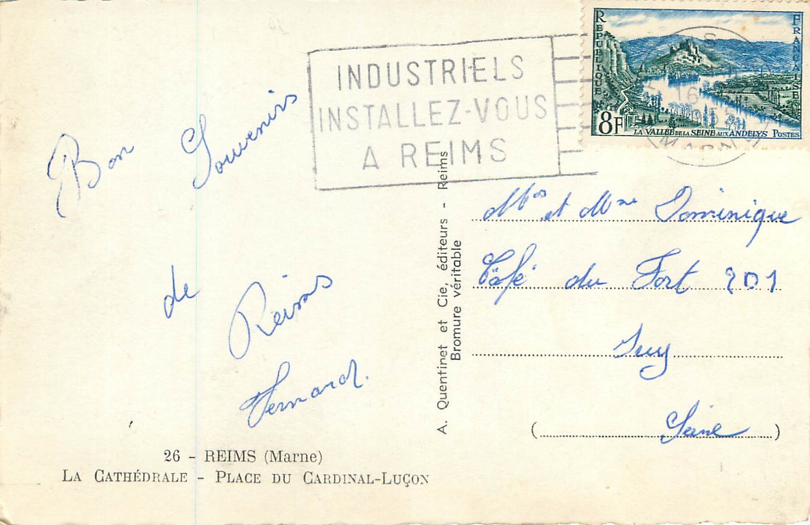 CPM 26 reims (marne) la cathedrale place du cardinal lucon — Verso