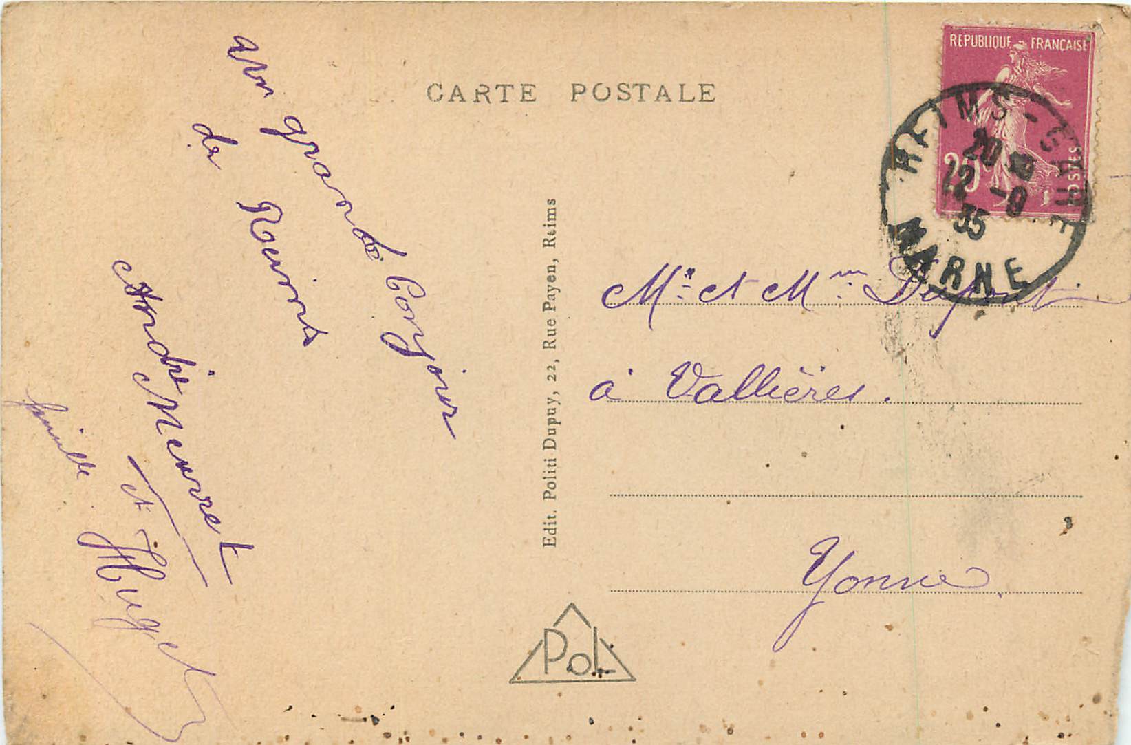 Reims - Hôtel de Ville — éditeur Poli, n° 624 — Rückseite