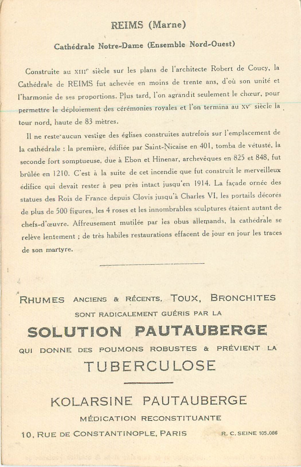 Reims — Cathédrale Notre-Dame (Ensemble Nord-Ouest) — Collection de la Kolarsine et de la Solution Pautaubeerge — Achterkant