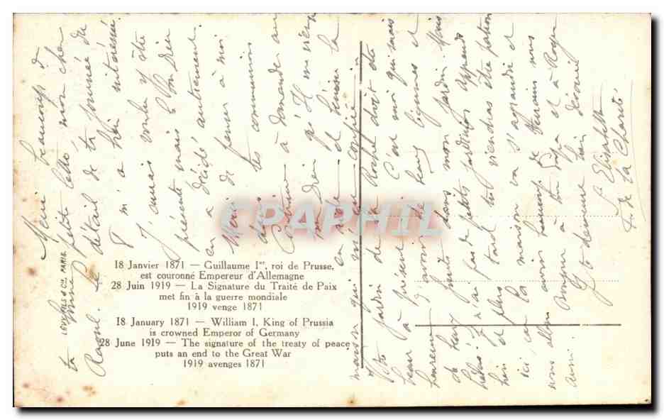 CPA Versailles Galerie des Glaces 28 juin 1918 — Verso