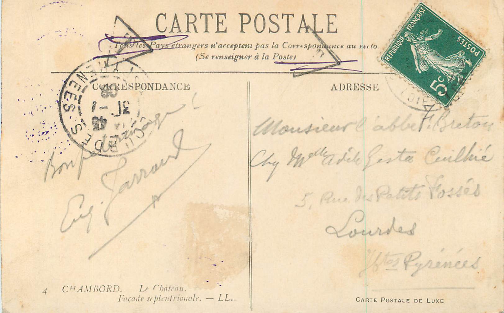 Chambord — Château de Chambord — Carte postale de luxe — Rückseite