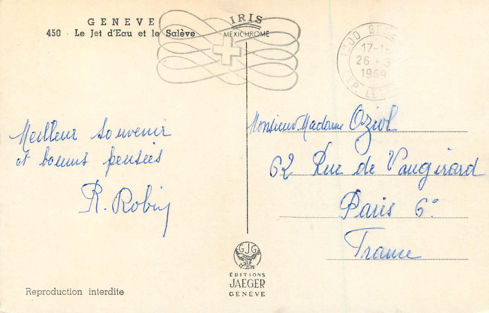 CPM Geneve Le Jet d'Eau et le Saleve — Verso