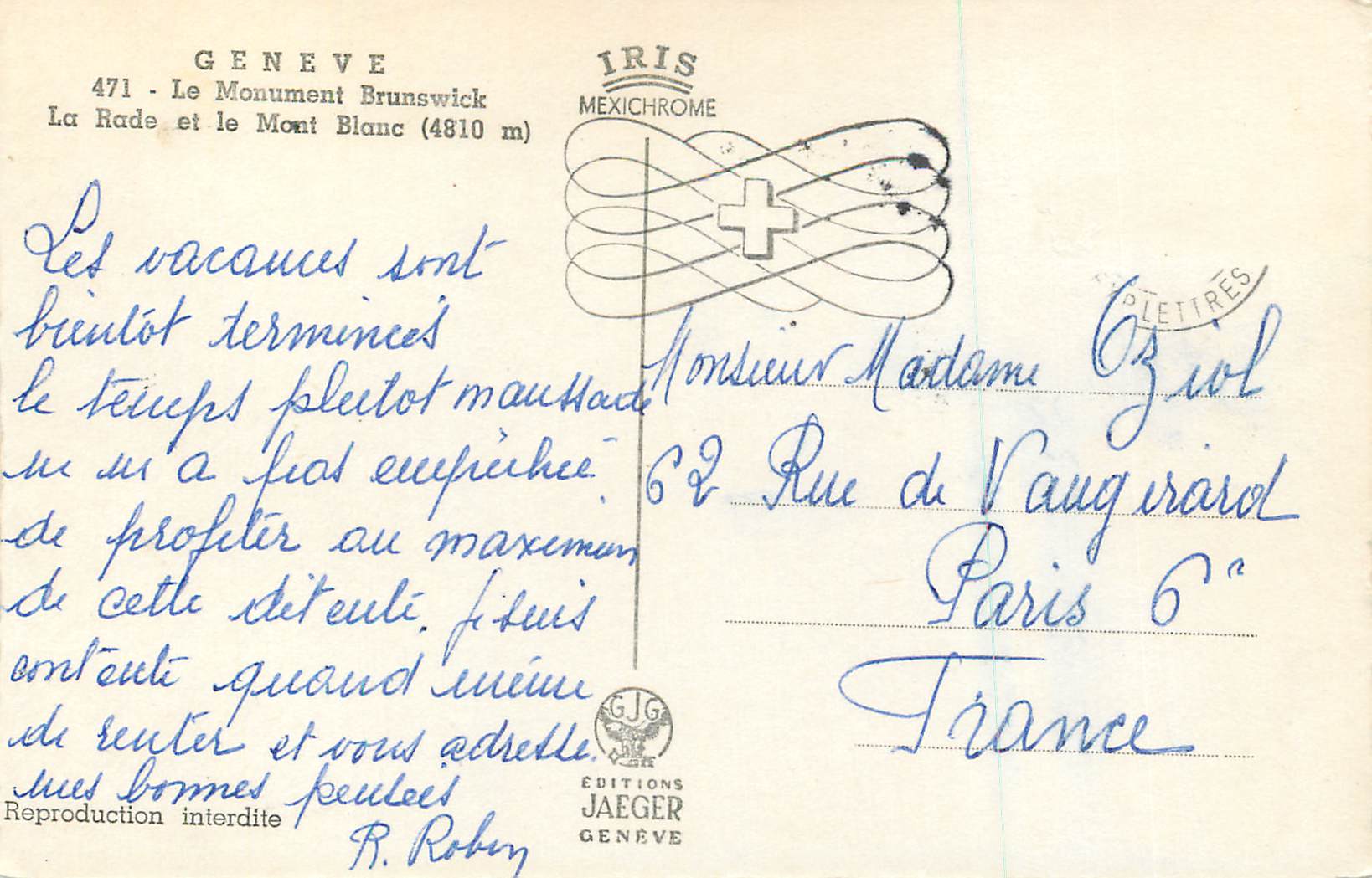 CPM Geneve Le Monument Brunswick La Rade et le Mont Blanc (4810 m) — Rückseite