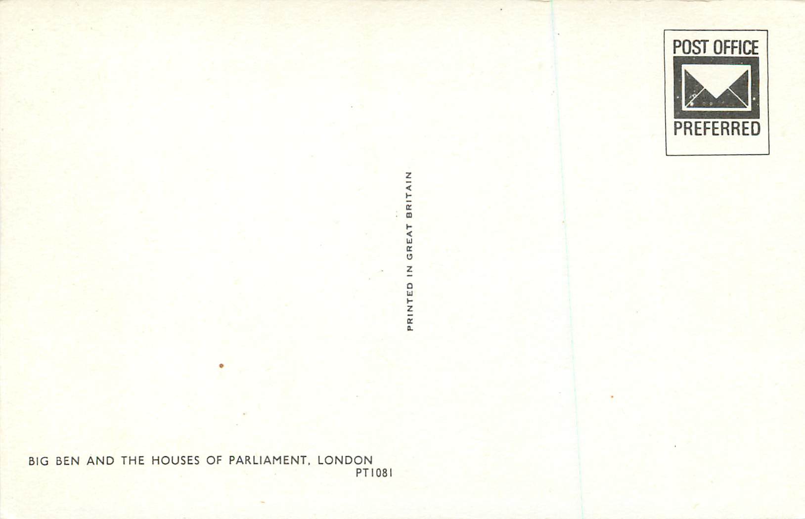 Big Ben et les Chambres du Parlement — Londres — Post Office Preferred PT1081 — Verso