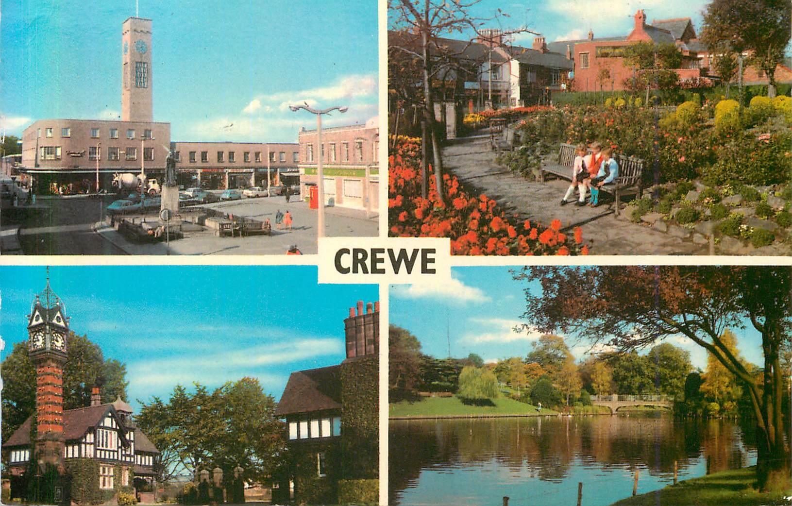 CPA Crewe Town Centre Logge Gate and Clock Tower Queen's Park Jubilee Gardens The Lake Queen's Park