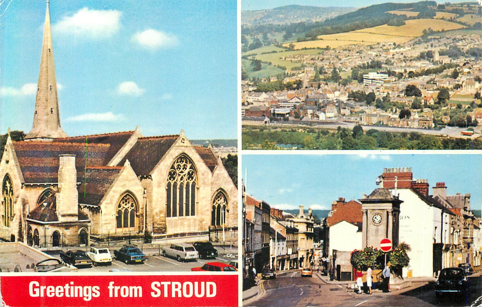 CPM Greetings from Stroud Parish Church Stroud from Rodborough Common The Four Clocks
