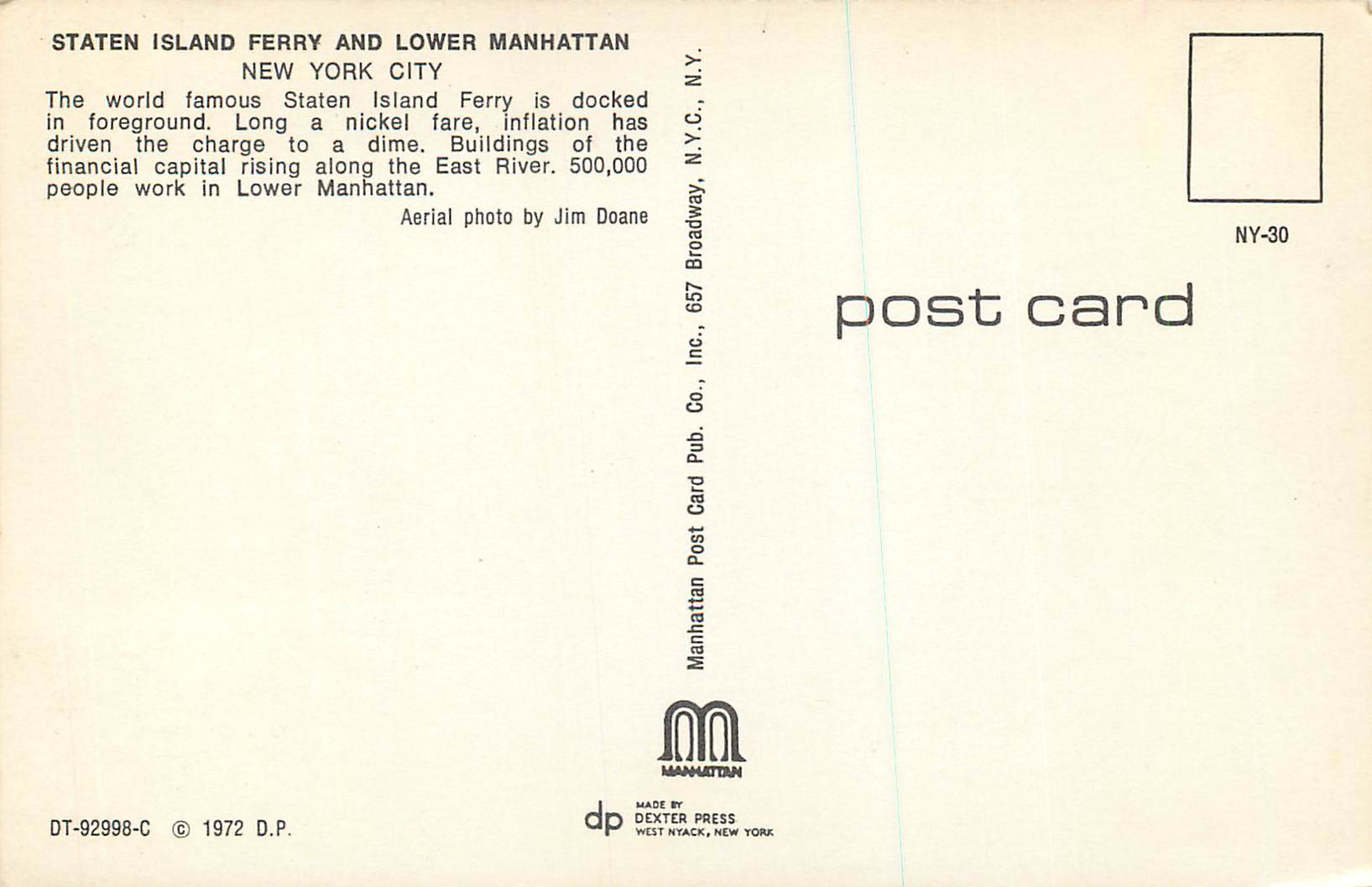 CPM New York City Staten Island Ferrt and Lower Manhattan — Rückseite
