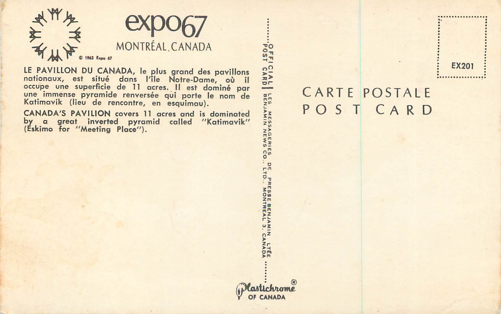 CPM Montreal Canada Le Pavillon du Canada Situee dans l'Ile Notre Dame Expo 67 — Rückseite