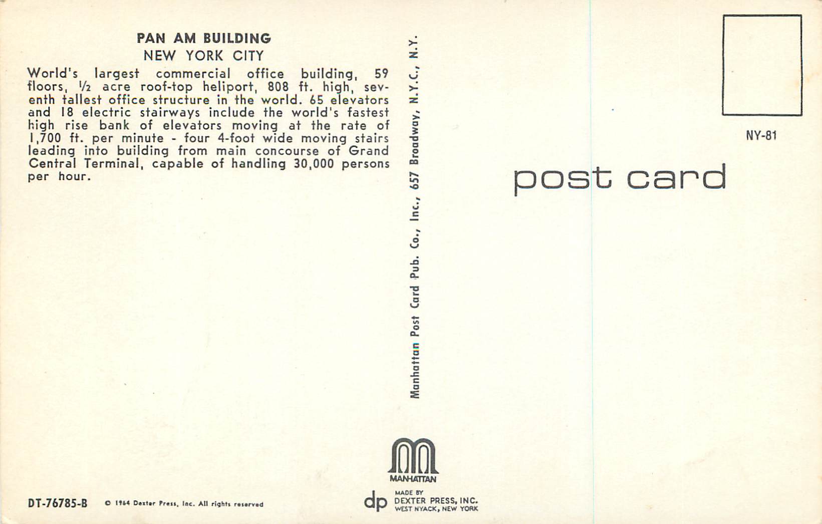 CPM New York City Pan am Building — Rückseite