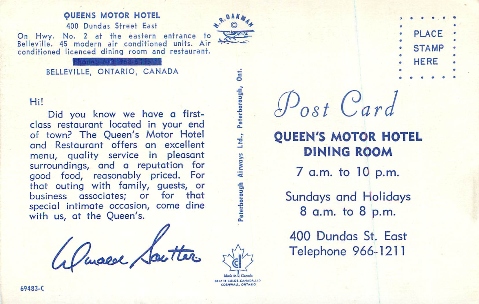 CPM Ontario Belle Ville Canada Queens Motor Hotel 400 Dundas Street East — Back
