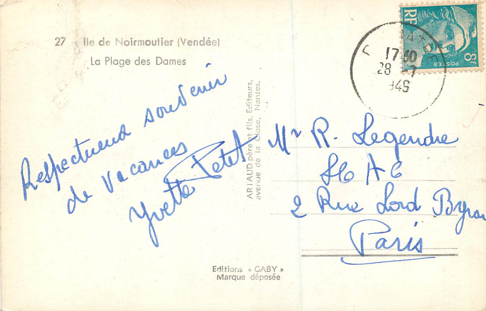 CPM Ile de Noirmoutier (Vendee) La Plage des Dames — Rückseite