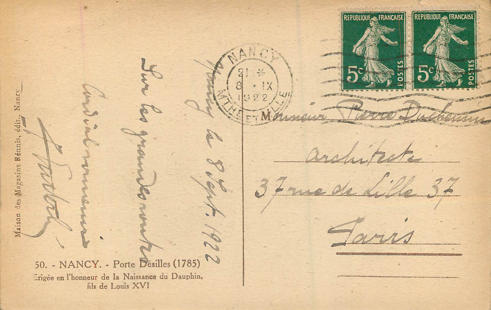 CPA Nancy Porte Desilles (1785) Erigee en l'Honneur de la Naissance du Dauphin fils de Louis XVI — Verso
