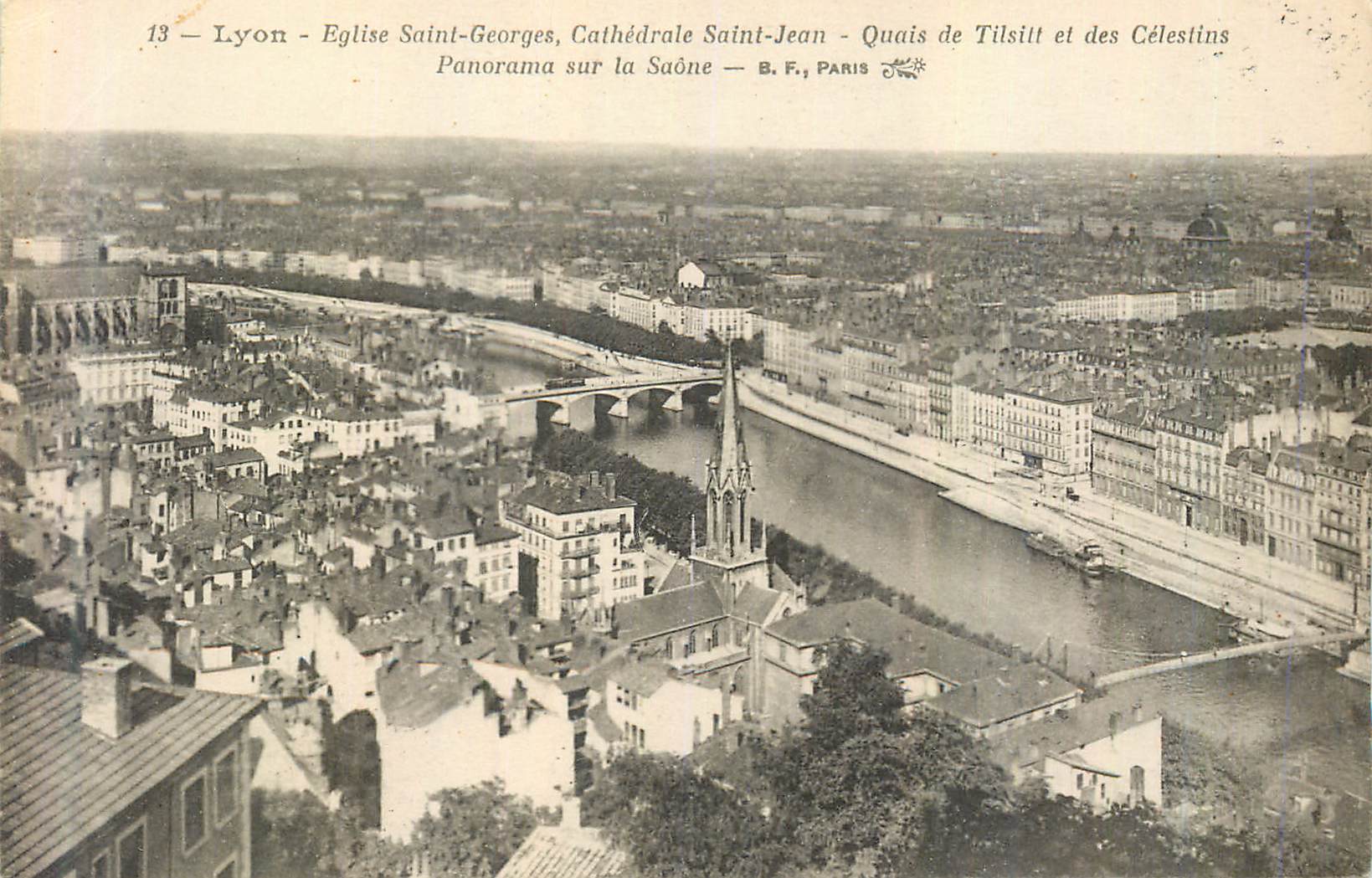 Lyon — Vue panoramique sur la Saône avec l'église Saint-Georges et la cathédrale Saint-Jean — B. F., PARIS