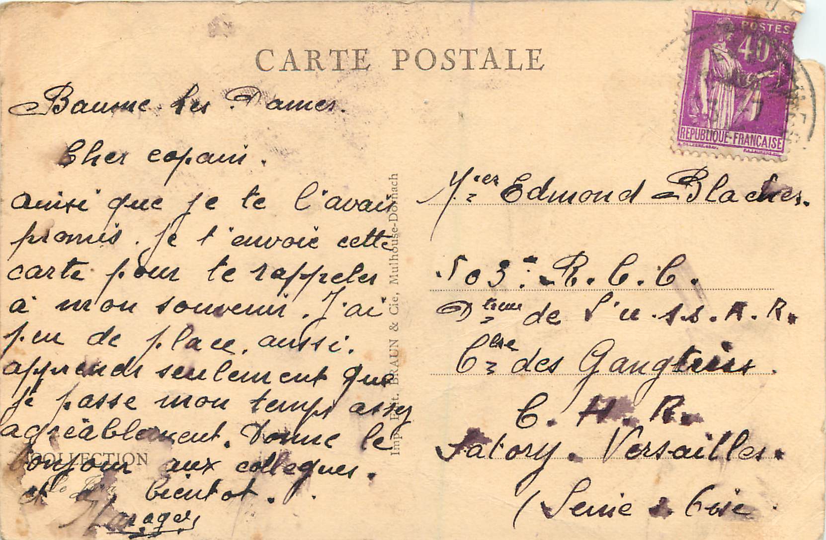 CPA Baume les Dames Rue aux Juifs Judaica — Back