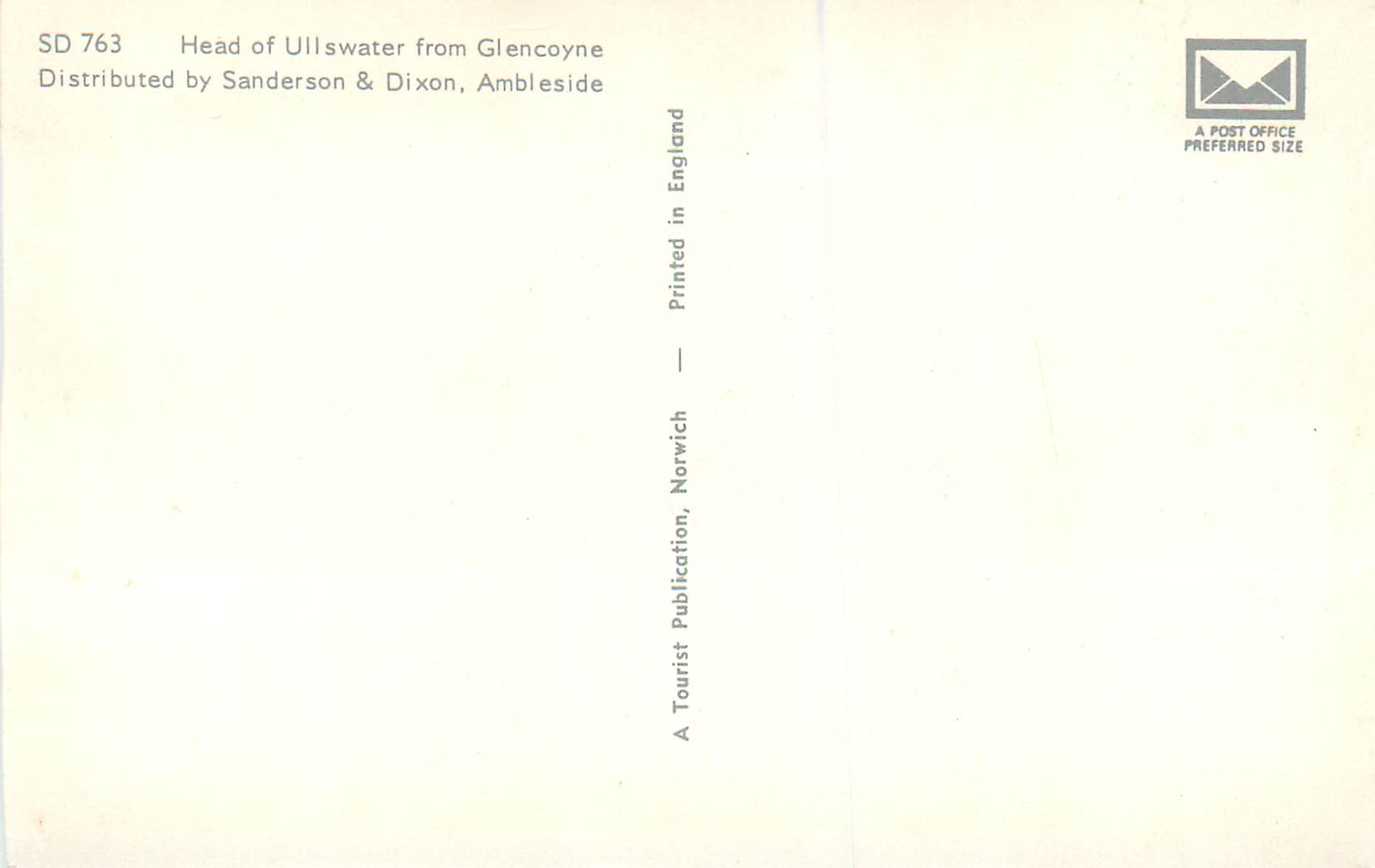 CPM Head of Ullswater from Glencayne Distributed by Sanderson & Dixon Ambleside — Rückseite