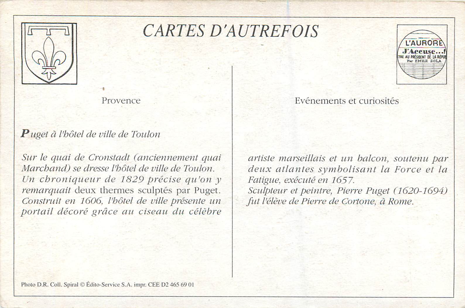 Toulon — Porte de l'Hôtel de Ville ornée par P. Puget en 1657, de deux Cariatides en pierre de Calissane exprimant la Force et la Fatigue — Reverso
