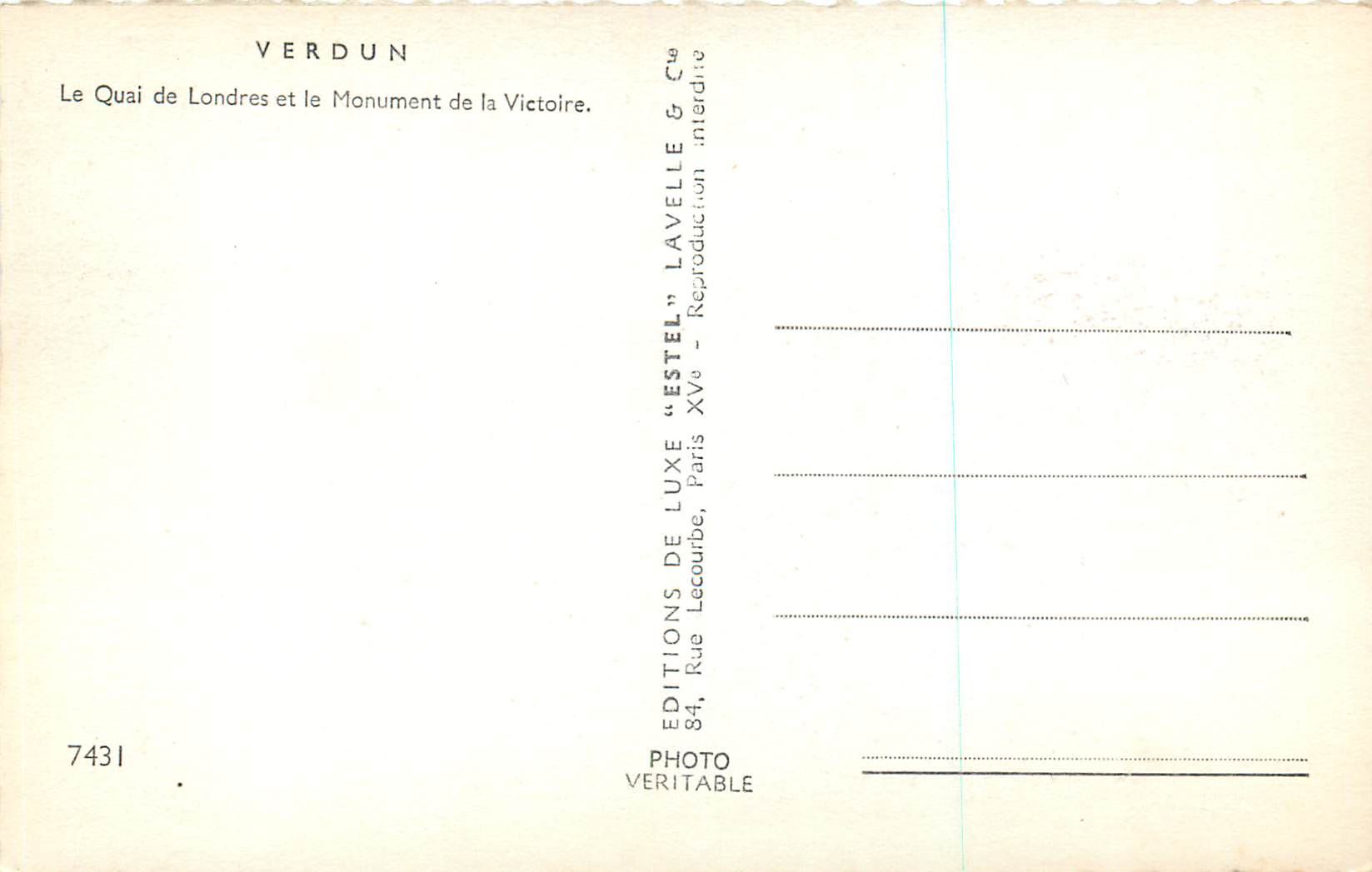 Verdun — Le Quai de Londres et le Monument de la Victoire — Éditions Lavelle & Cie, Estel — Rückseite