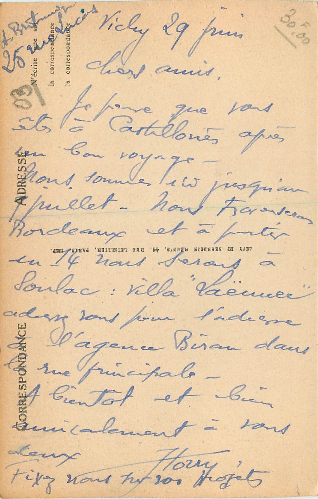 CPA Vichy Un Coin du Parc des Sources — Verso