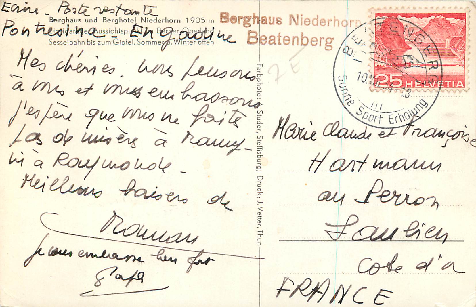 CPM Berghaus und Berghotel Niederhorn 1905 m — Rückseite