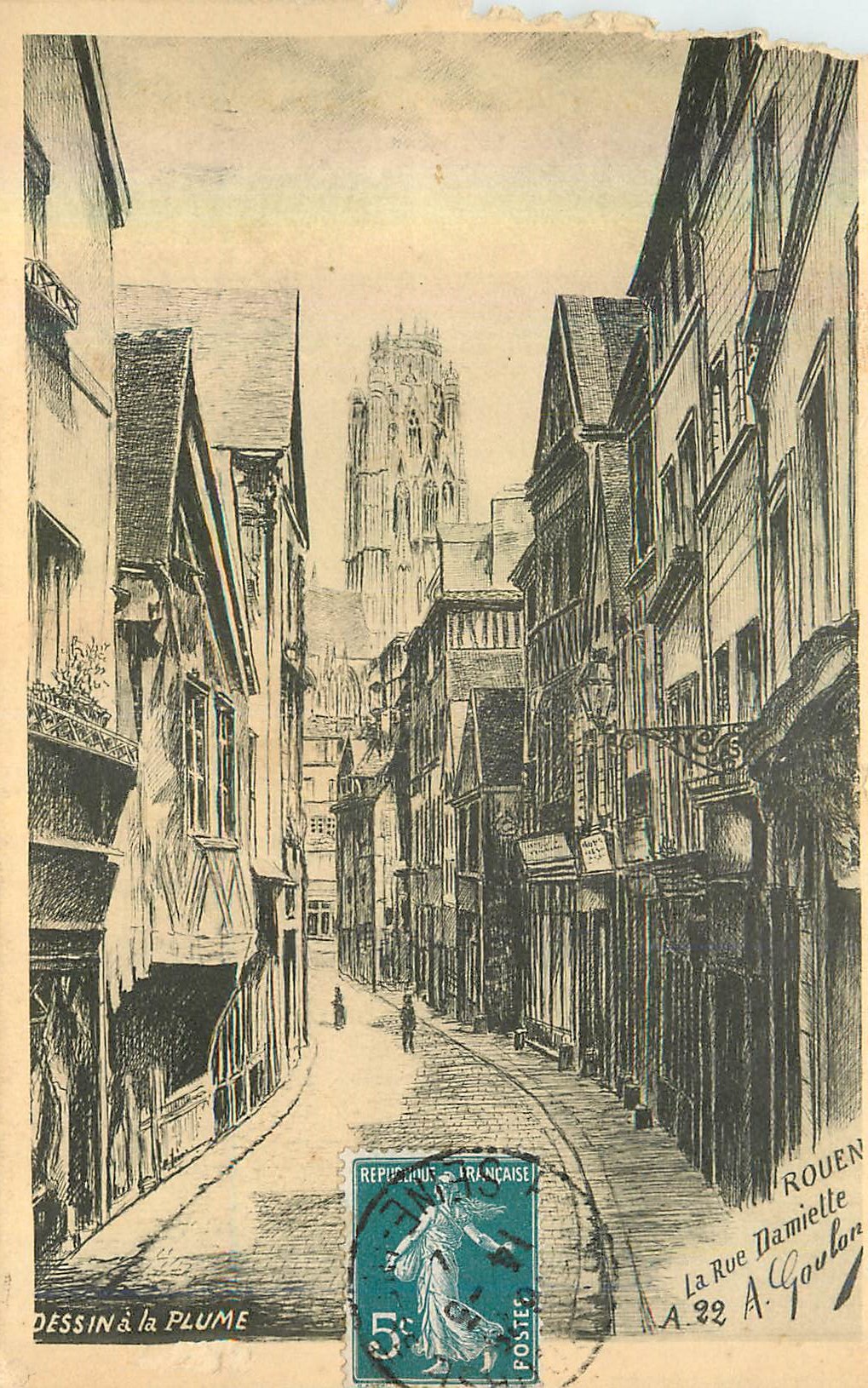 CPA Rouen la Rue Damiette Dessin a la Plume