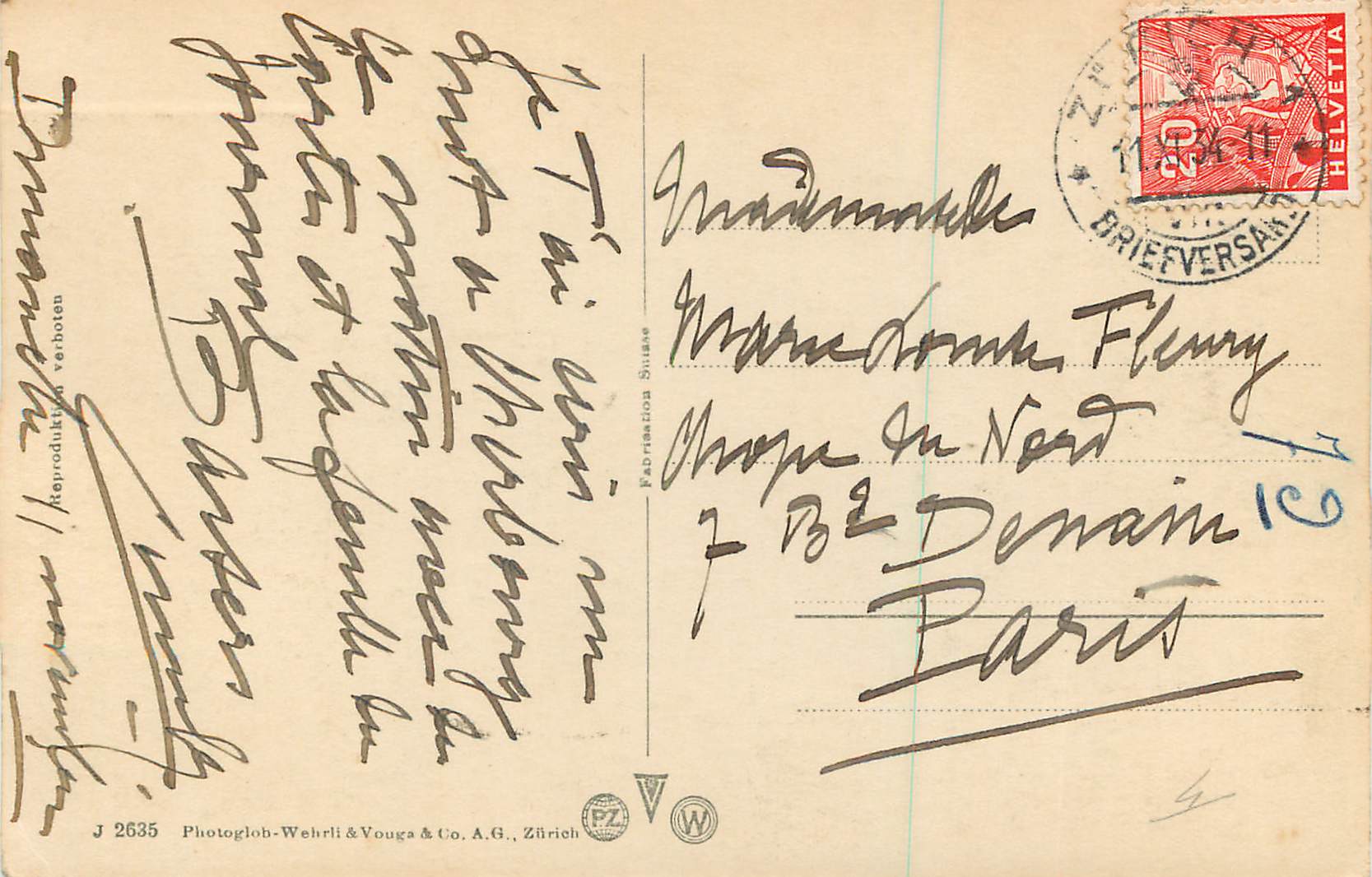 Vue de Zürich — lac et quai — Photoglob-Wehrli & Vouga & Co. A.G., Zürich, n° J 2635 — Rückseite