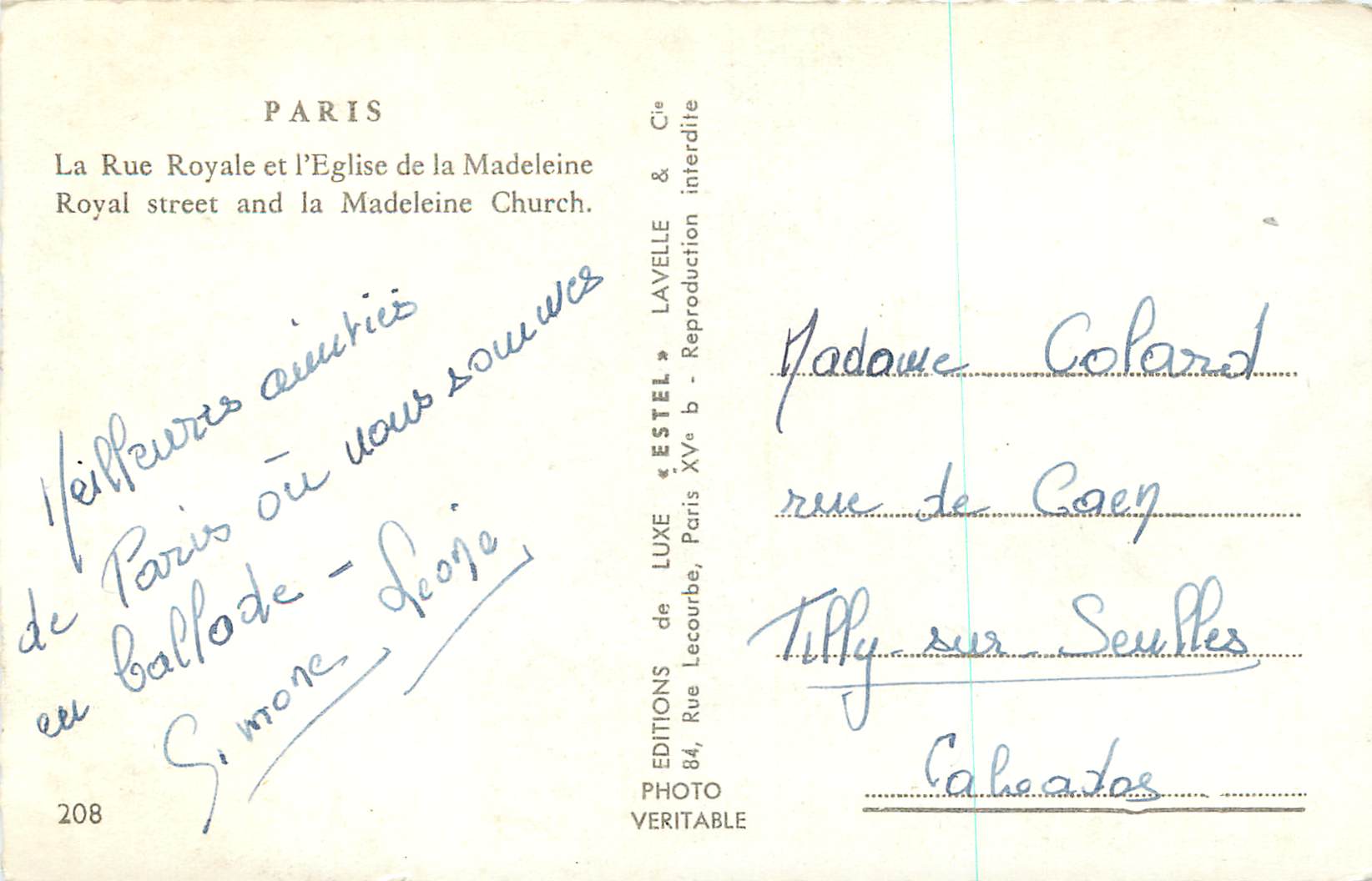 CPM Paris la Rue Royale et l'Eglise de la Madeleine — Rückseite