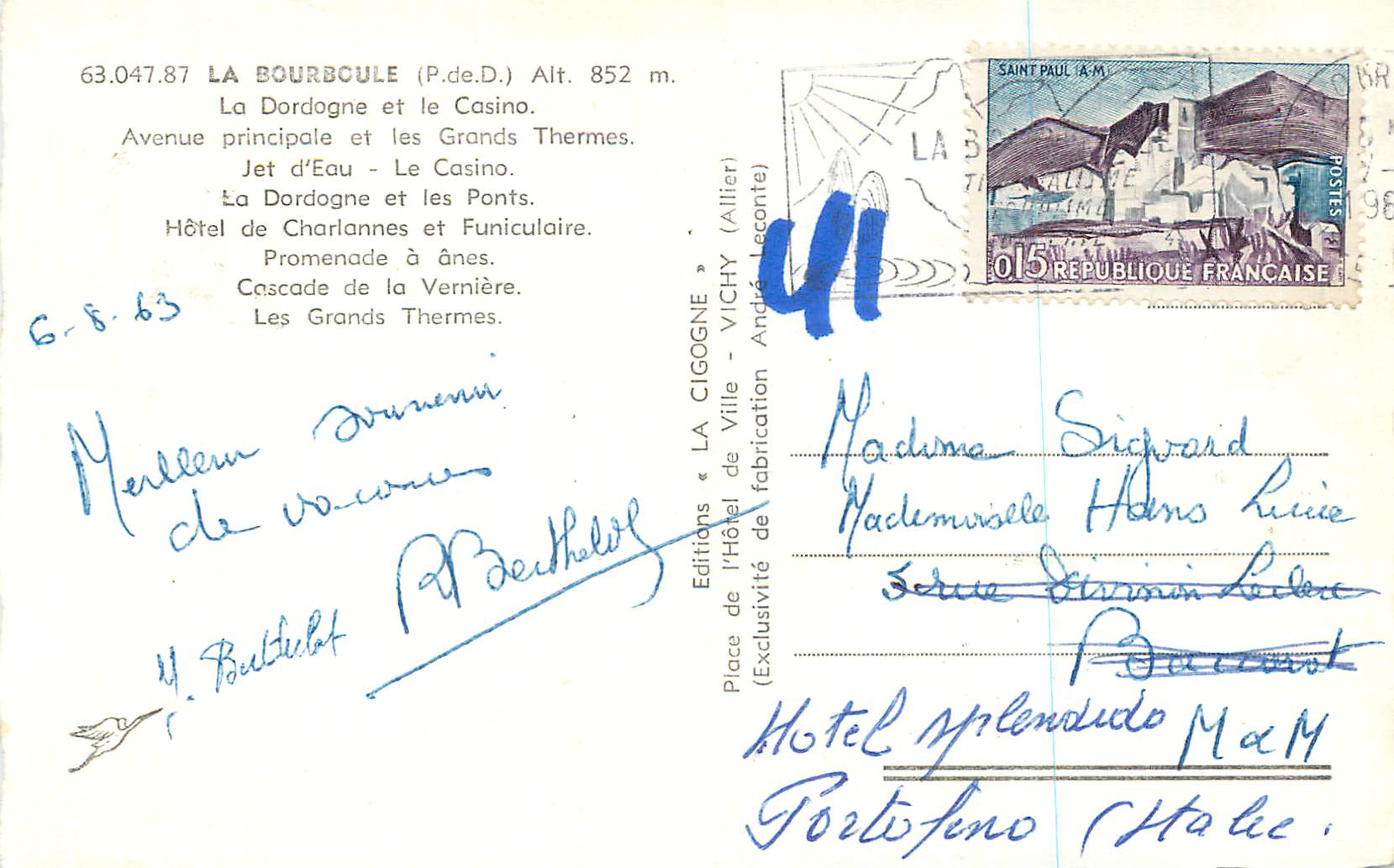 CPM la Bourboule (P de D) Alt 852m la Dordogne et le Casino — Rückseite