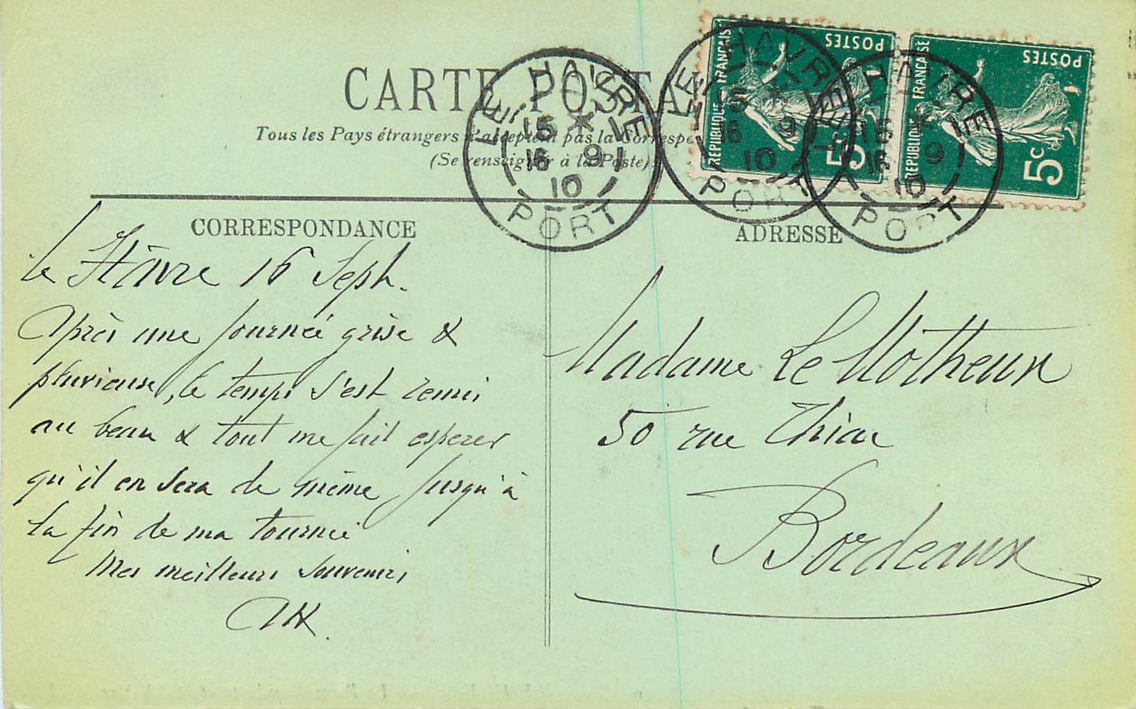 CPA le Havre la Place Gambetta et le Theatre — Rückseite