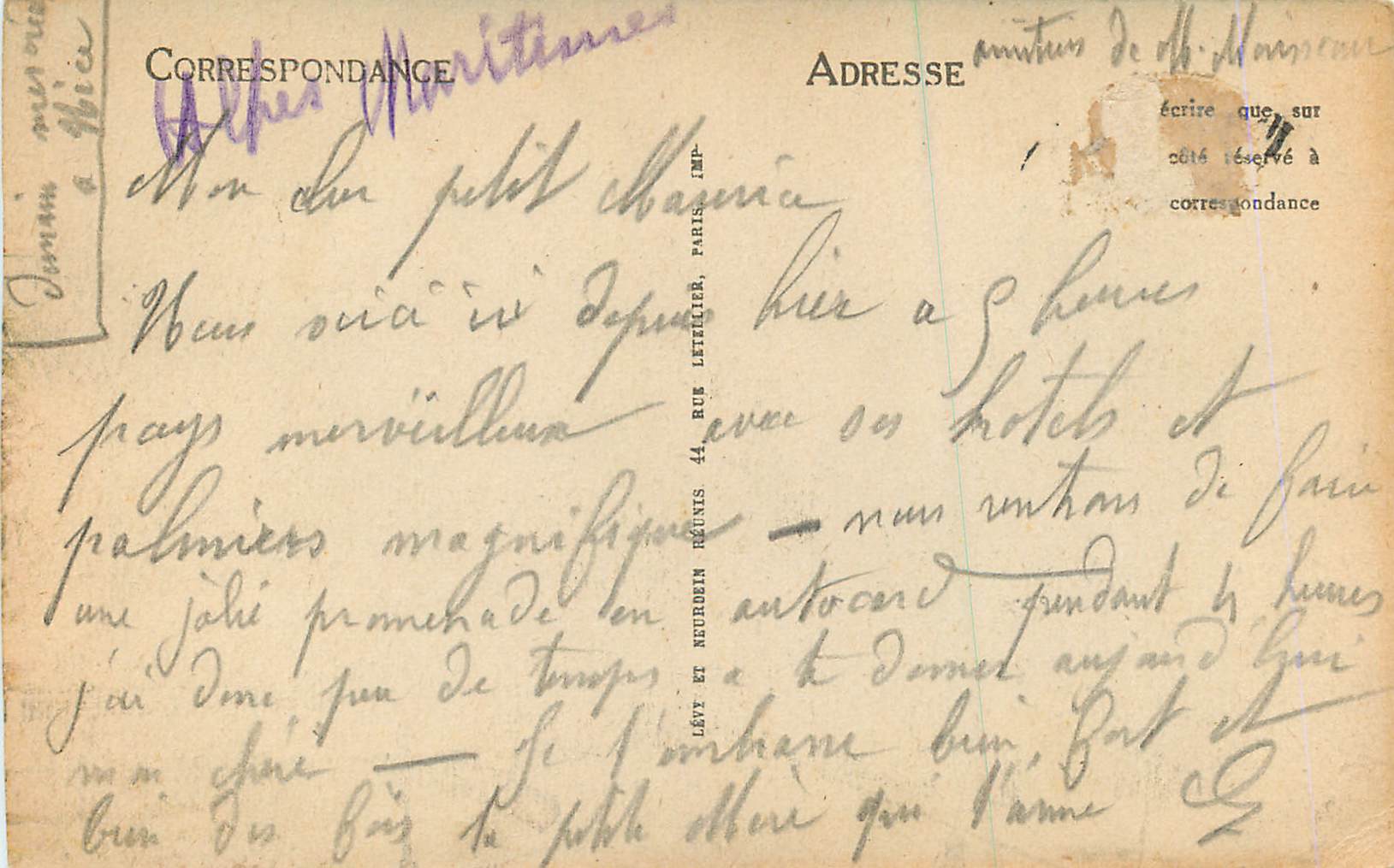 CPA Cannes la Croisette et le Mont Chevalier — Verso