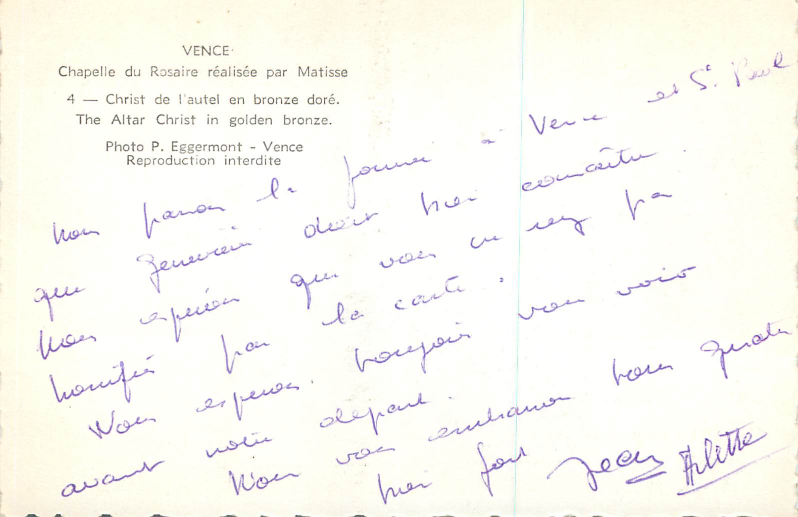 CPM Vence Chapelle du Rosaire Realisee par Matisse — Rückseite