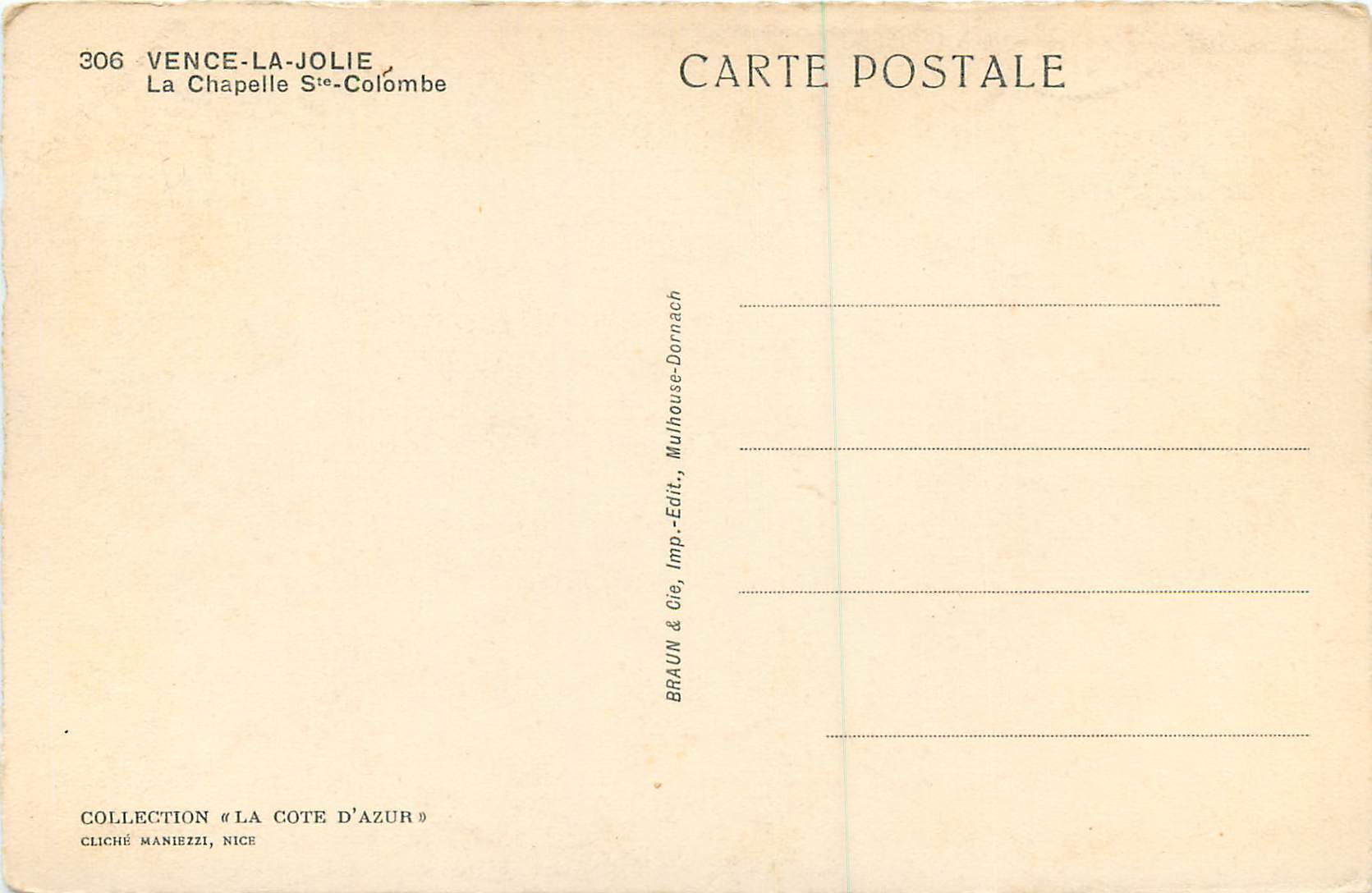 CPA Vence la Jolie la Chapelle Ste Colombe — Rückseite