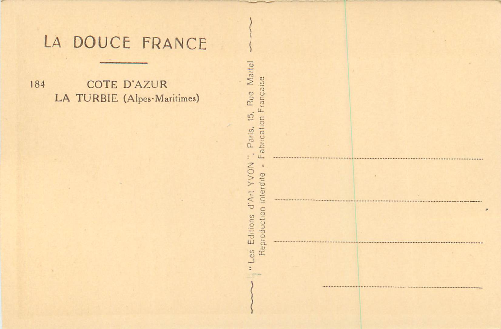 CPA la Turbie (Alpes Maritimes) Cote d'Azur la Douce France — Rückseite