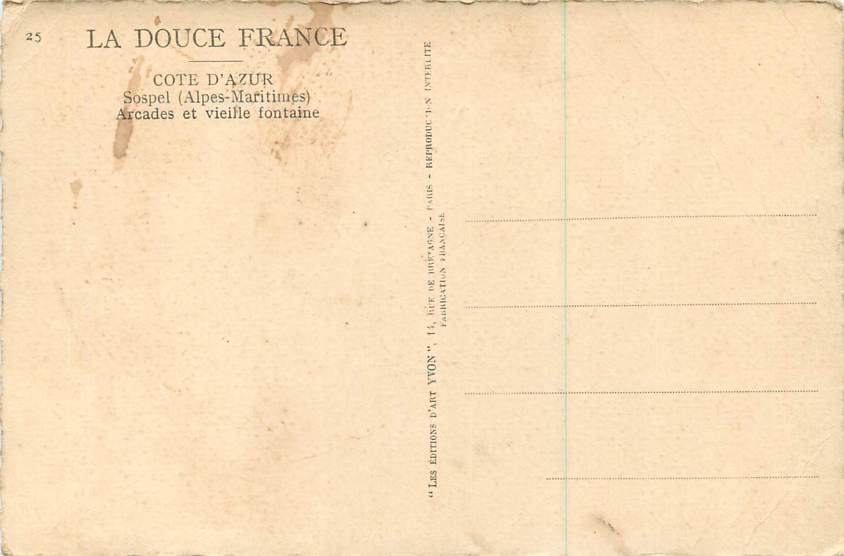 CPA Sospel (Alpes Maritimes) Arcades et Vieille Fontaine Cote d'Azur la Douce France — Rückseite