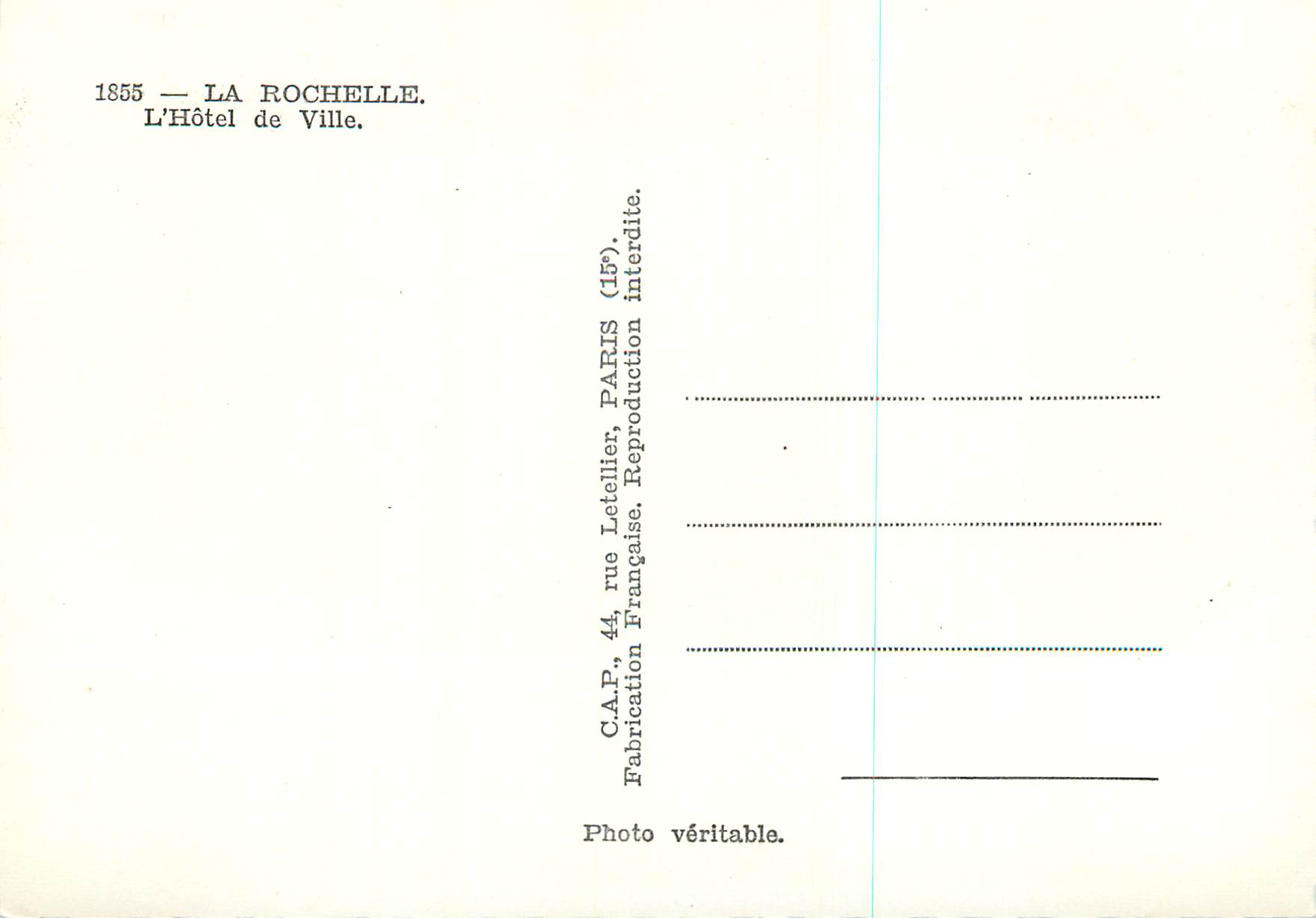 CPM la Rochelle l'Hotel de Ville — Verso