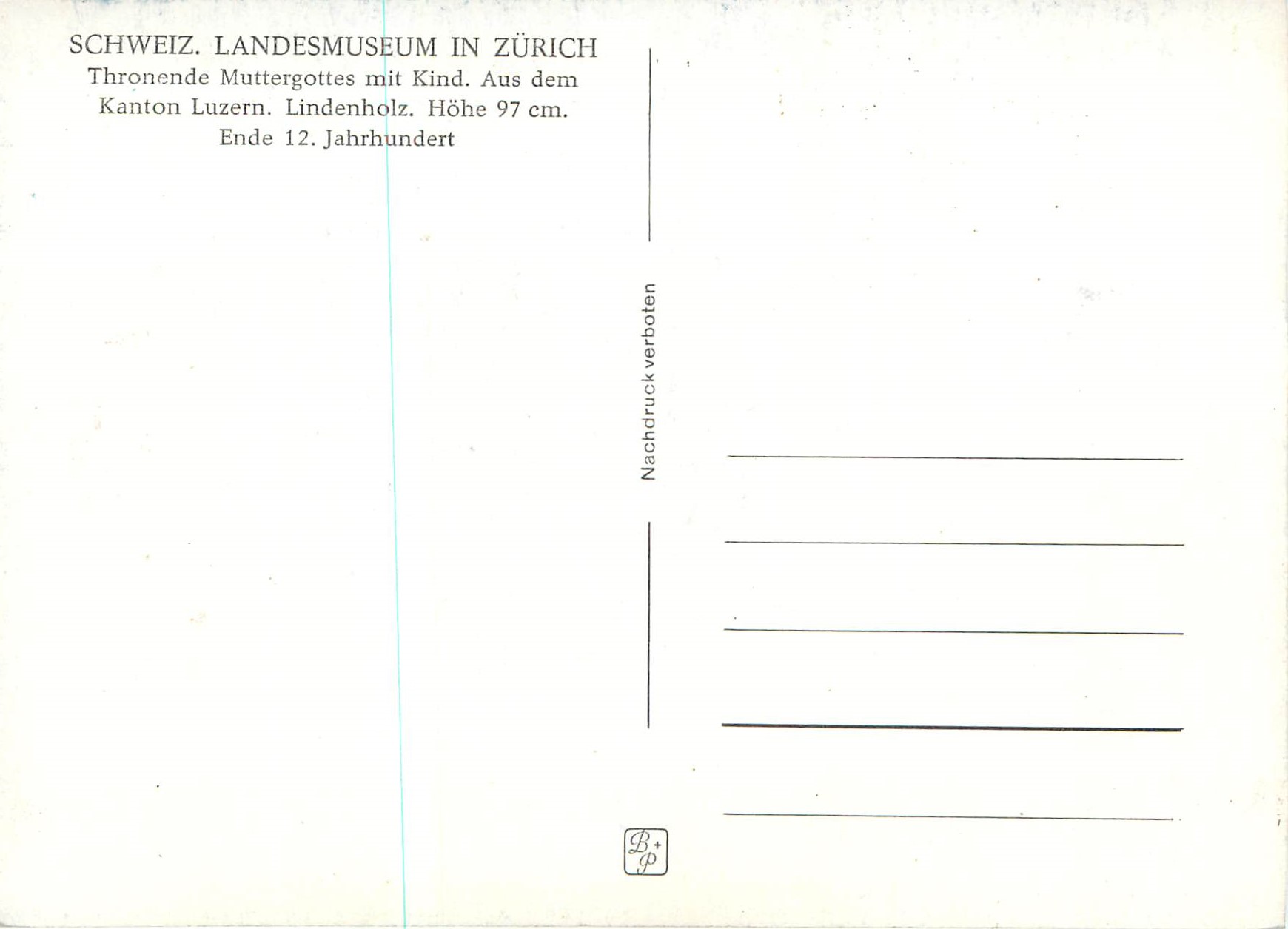CPM Schweiz Landesmuseum in Zurich Thronende Muttergottes mit Kind — Verso