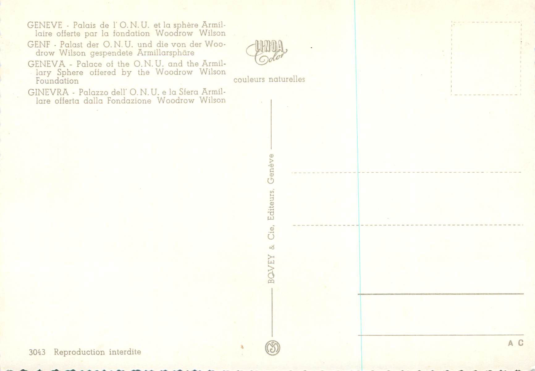 CPM Geneve Palais de l'ONU et la Sphere Armillaire Offerte par la Fondation Woodrow Wilson — Verso