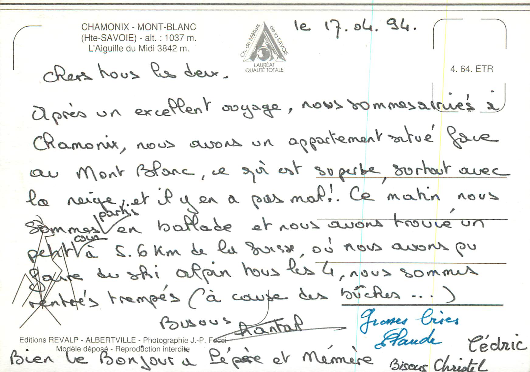 CPM Chamonix Mont Blanc (Hte Savoie)Aiguille du Midi 3 842 m Mont Blanc — Verso