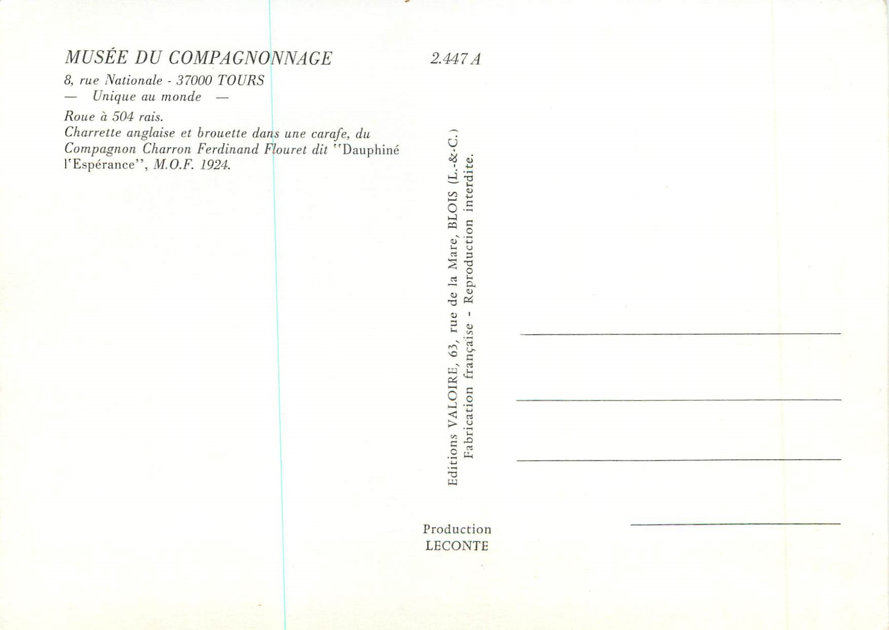 CPM Musee du Compagnonnage Tours Charrette anglaise et Brouette dans une Carafe du Compagnon — Rückseite