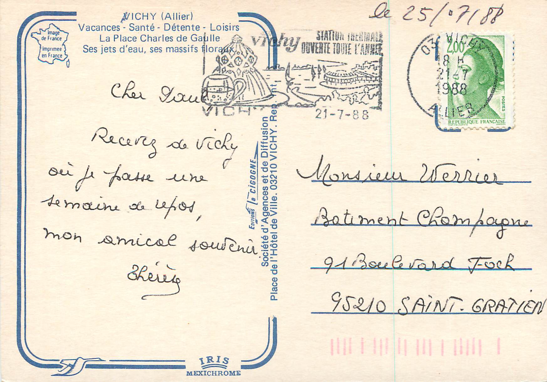 CPM Vichy (Allier) Vacances Sante Detente Loisirs La Place Charles de Gaulle — Rückseite