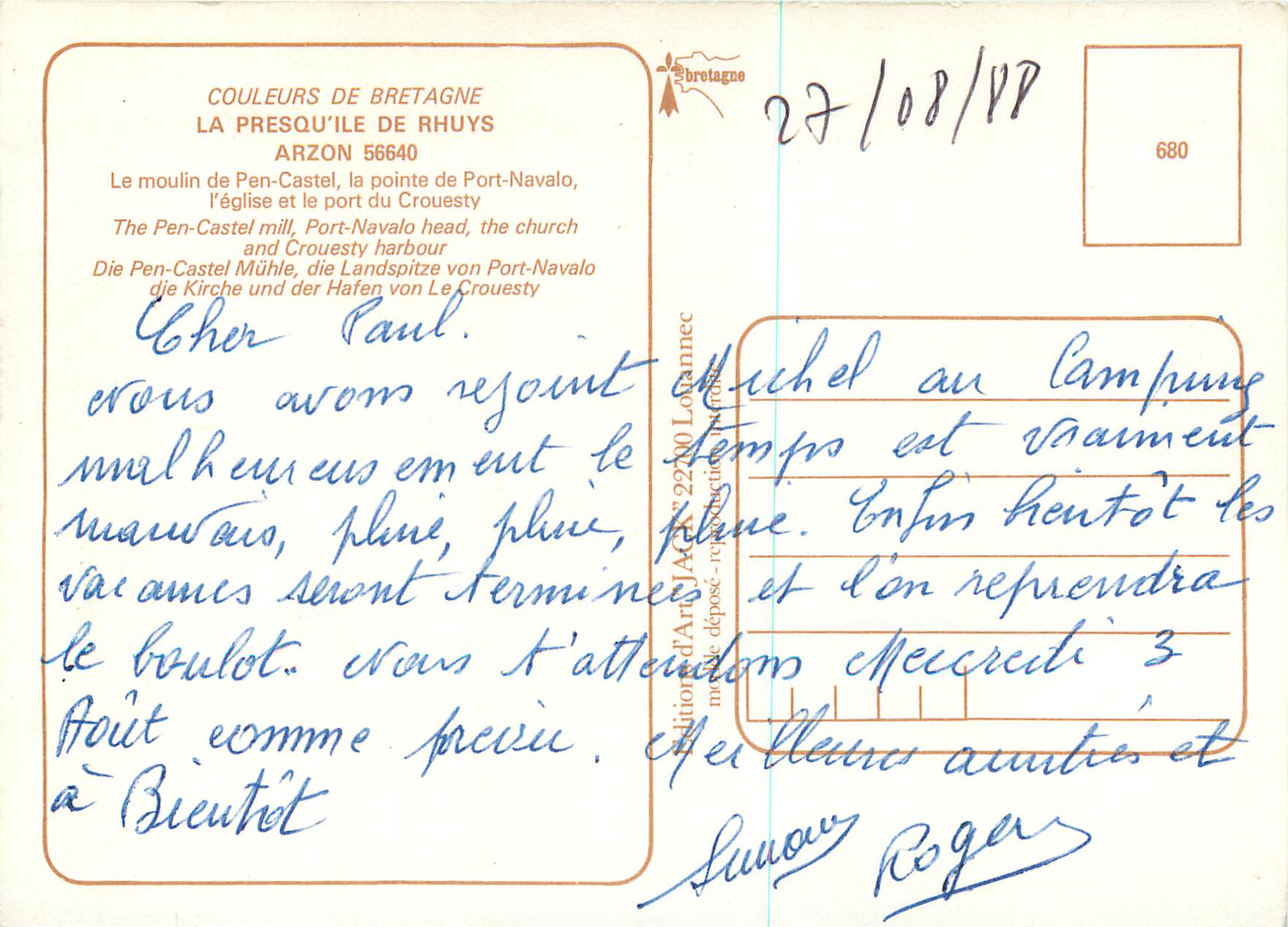 CPM Arzon La Presqu'Ile de Rhuys Couleurs de Bretagnes Le Moulin de Pen Castel La Pointe de Port Navalo L'Eglise — Rückseite