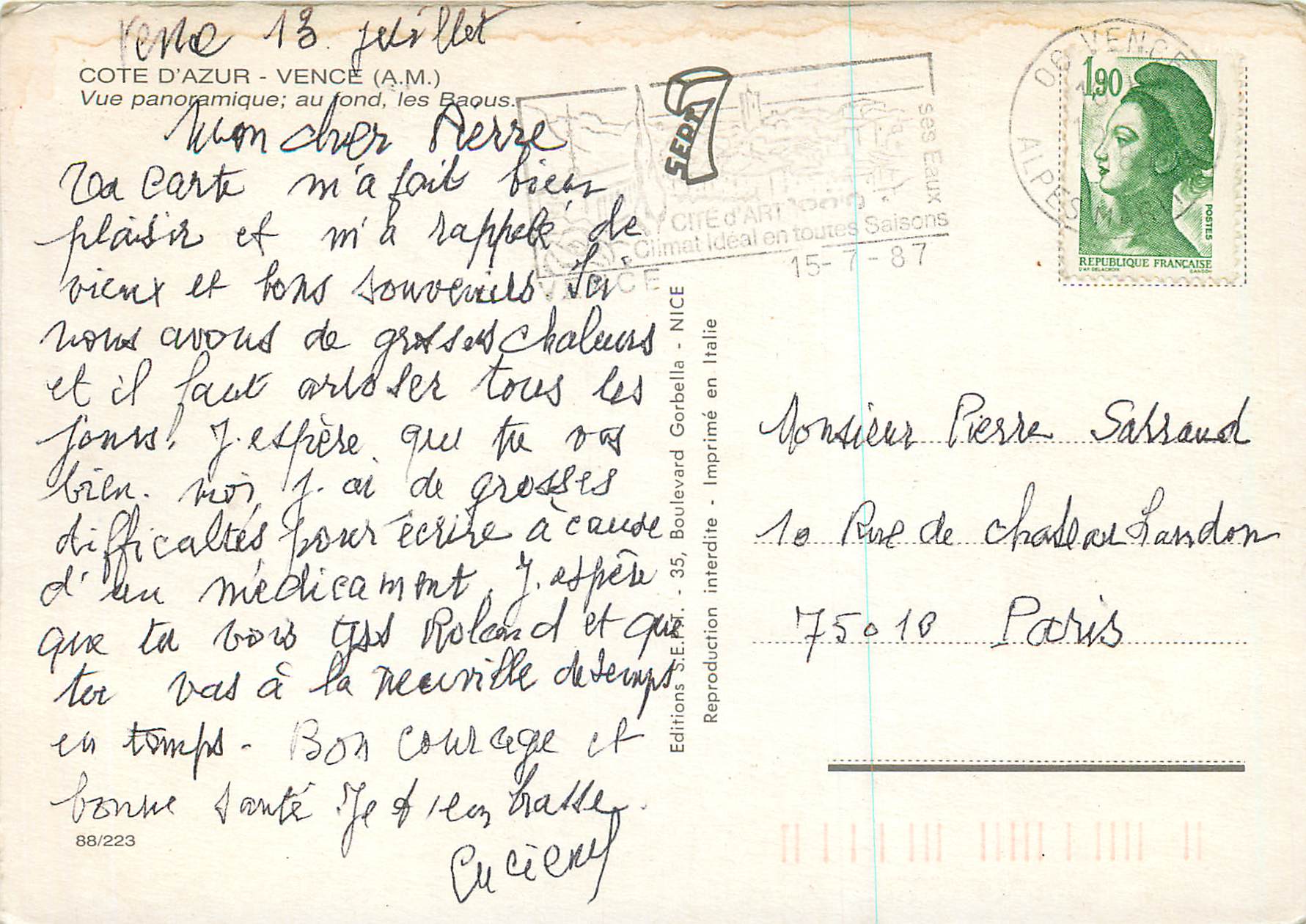 Côte d'Azur - Vence — vue panoramique avec les Baous en arrière-plan — Éditions S.E.A. - 88/233 — Rückseite