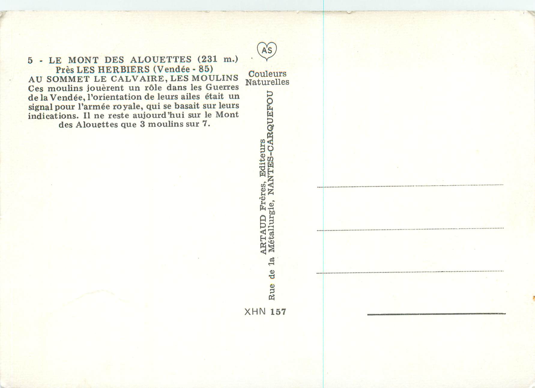 CPM Le Mont des Alouettes (231 m) Pres les Herbiers (Vendee) Au Sommet Le Calvaire Les Moulins — Back
