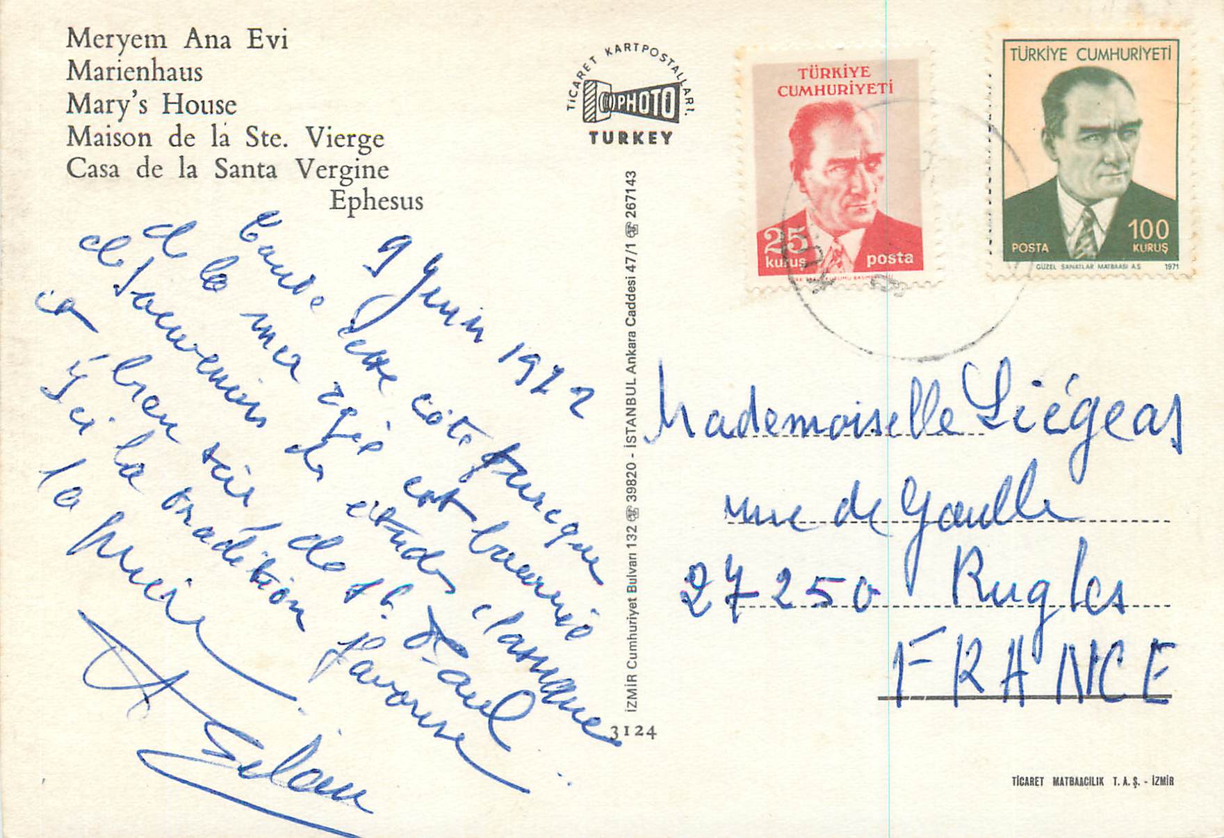 CPM Meryem Ana Evi Maison de la Ste Vierge — Verso