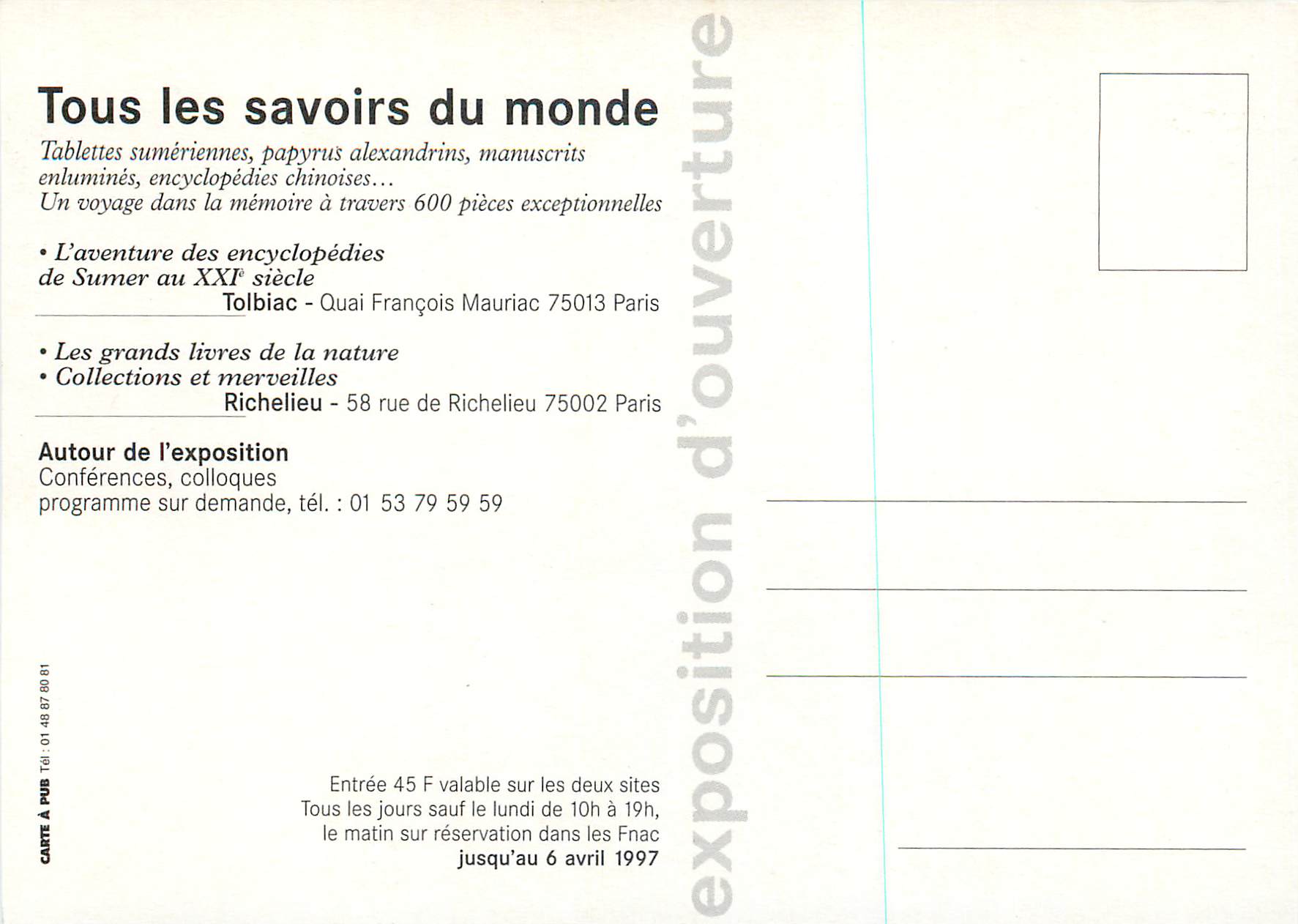 CPM Tous les Savoirs du Monde Exposition d'Ouverture FNAC Bibliotheque Nationale de France — Rückseite