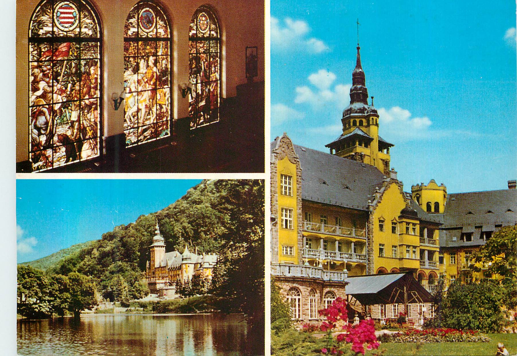 Hôtel Palota à Lillafüred — vue intérieure de vitraux, façade jaune et vue lacustre — éditeur Bakonyi-MTI Pinke, Budapest