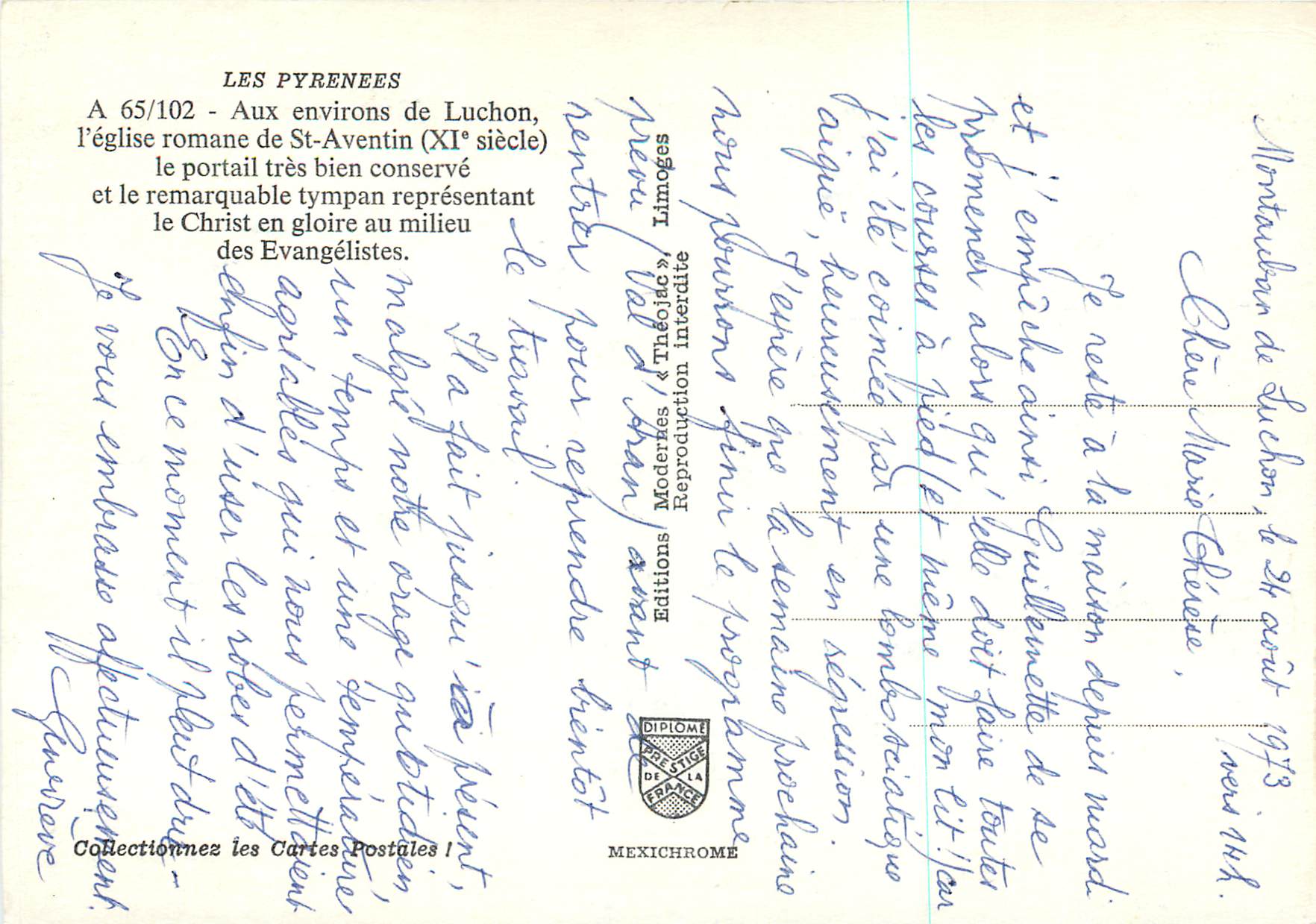 Église romane de Saint-Aventin — portail et tympan — Éditeur IRIS, n° 65/102 — Rückseite