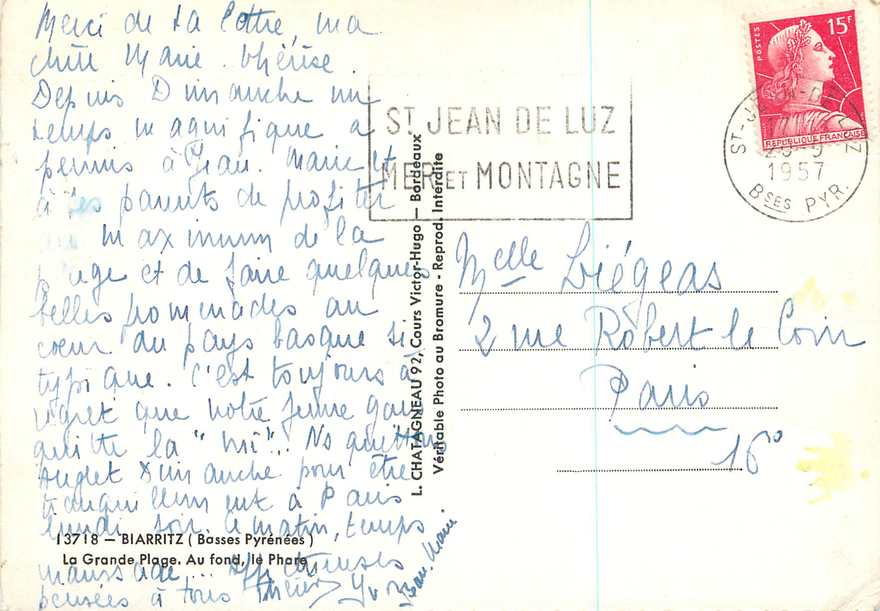 CPM Biarritz (Basses Pyrenees) La Grande Plage Au fond Le Phare — Verso