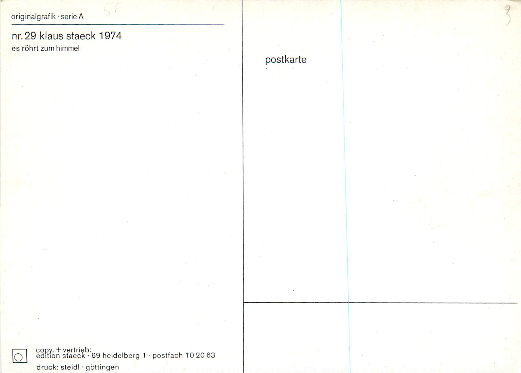 CPA Originalgrafik Serie A Klaus Staeck 1974 es Rohrt Zum Himmel Cerf — Verso