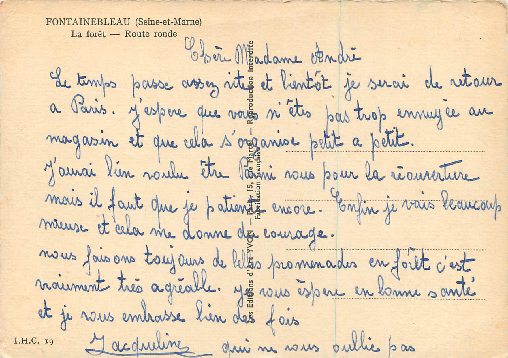Fontainebleau (Seine-et-Marne) — El bosque — Calle circular — Editor: I.H.C. 19 — Reverso