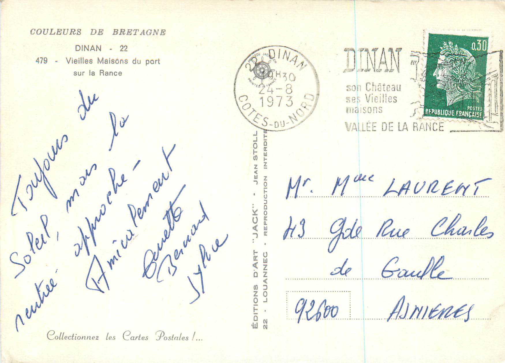 Vieilles Maisons du port sur la Rance — Dinan - 22 — Éditions d'Art 'Jack' n°479 — Rückseite